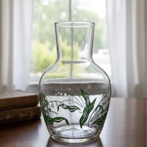 Vintage Glass Carafe Vase ~ Lily of the Valley Green & White Floral